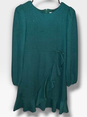 Rare Editions Teal Long-Sleeve Ruffle Front Dress